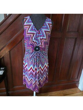 Lemmie For Nina Leonard Sleeveless Chevron Print Dress With Beaded Accent XL